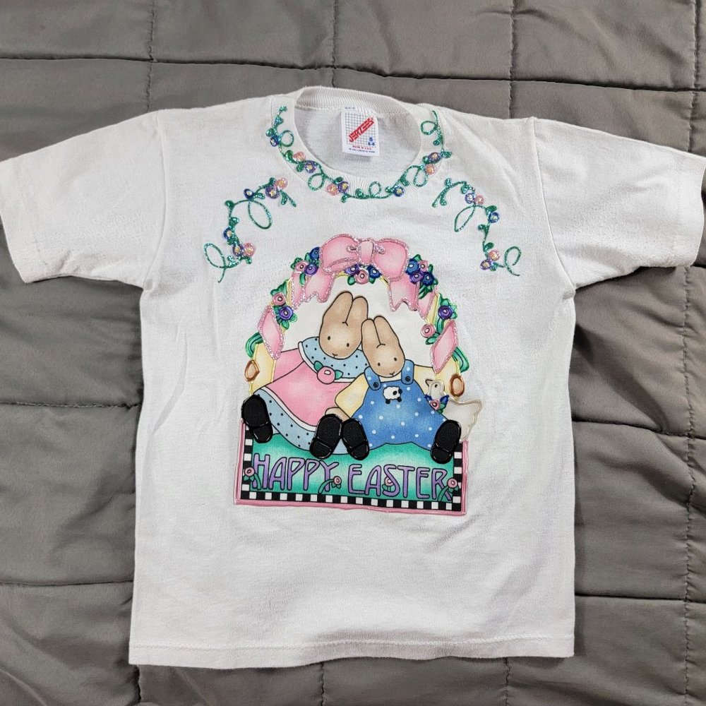 Vintage Jerzees Kids Small White T Shirt Happy Easter Bunny Short Sleeve Cute